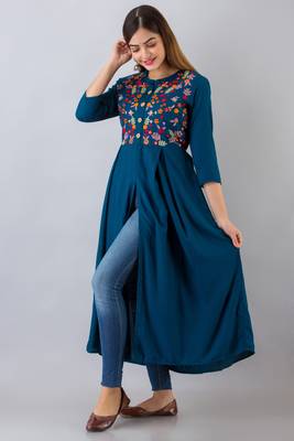 Nishabd women rayon embroidered frontslit  3/4 sleeves calf kurta 4