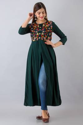 Nishabd women rayon embroidered frontslit  3/4 sleeves calf kurta 1