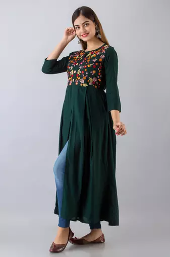Nishabd women rayon embroidered frontslit  3/4 sleeves calf kurta