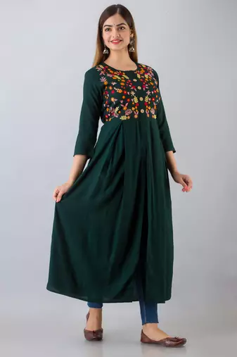 Nishabd women rayon embroidered frontslit  3/4 sleeves calf kurta