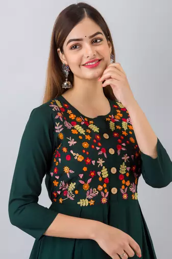 Nishabd women rayon embroidered frontslit  3/4 sleeves calf kurta