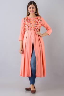 Nishabd women rayon embroidered frontslit  3/4 sleeves calf kurta 1