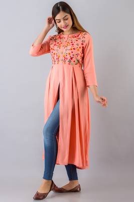 Nishabd women rayon embroidered frontslit  3/4 sleeves calf kurta 2