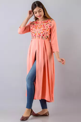 Nishabd women rayon embroidered frontslit  3/4 sleeves calf kurta