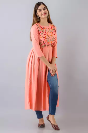 Nishabd women rayon embroidered frontslit  3/4 sleeves calf kurta