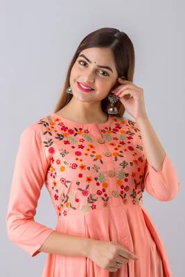 Nishabd women rayon embroidered frontslit  3/4 sleeves calf kurta 5