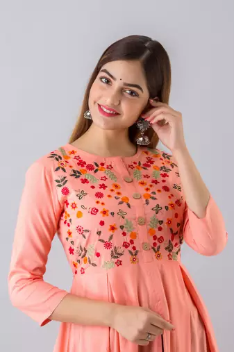 Nishabd women rayon embroidered frontslit  3/4 sleeves calf kurta