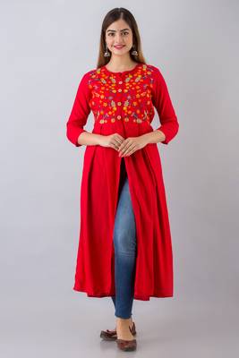 Nishabd women rayon embroidered frontslit  3/4 sleeves calf kurta 1