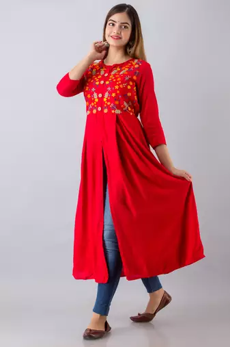 Nishabd women rayon embroidered frontslit  3/4 sleeves calf kurta