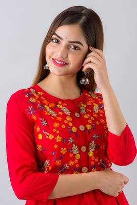 Nishabd women rayon embroidered frontslit  3/4 sleeves calf kurta 5