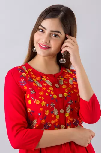 Nishabd women rayon embroidered frontslit  3/4 sleeves calf kurta