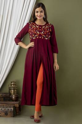 Nishabd women embroidered frontslit round neck 3/4 sleeve calf length viscose rayon kurta 1