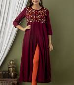 Nishabd women embroidered frontslit round neck 3/4 sleeve calf length viscose rayon kurta