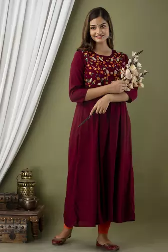 Nishabd women embroidered frontslit round neck 3/4 sleeve calf length viscose rayon kurta