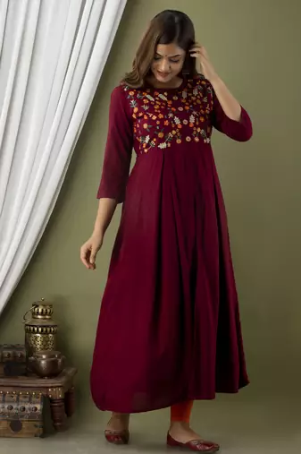 Nishabd women embroidered frontslit round neck 3/4 sleeve calf length viscose rayon kurta