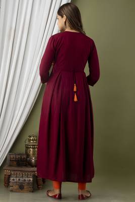 Nishabd women embroidered frontslit round neck 3/4 sleeve calf length viscose rayon kurta 4