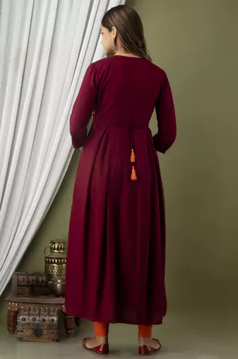 Nishabd women embroidered frontslit round neck 3/4 sleeve calf length viscose rayon kurta