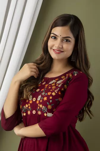 Nishabd women embroidered frontslit round neck 3/4 sleeve calf length viscose rayon kurta