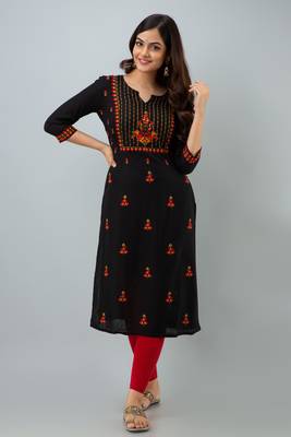 Nishabd women rayon embroidery straight 3/4 sleeves round neck calf kurta 1