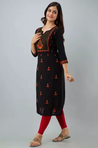 Nishabd women rayon embroidery straight 3/4 sleeves round neck calf kurta