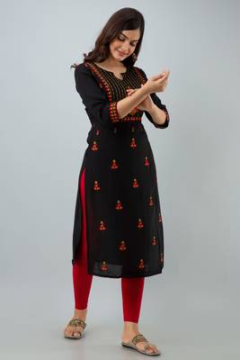 Nishabd women rayon embroidery straight 3/4 sleeves round neck calf kurta 3