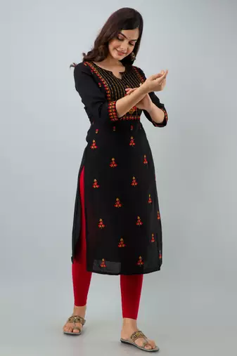 Nishabd women rayon embroidery straight 3/4 sleeves round neck calf kurta