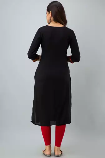Nishabd women rayon embroidery straight 3/4 sleeves round neck calf kurta
