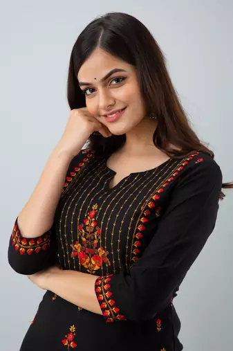 Nishabd women rayon embroidery straight 3/4 sleeves round neck calf kurta