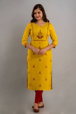 Nishabd women rayon embroidery straight 3/4 sleeves round neck calf kurta 1