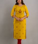 Nishabd women rayon embroidery straight 3/4 sleeves round neck calf kurta