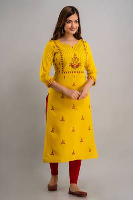 Nishabd women rayon embroidery straight 3/4 sleeves round neck calf kurta 2