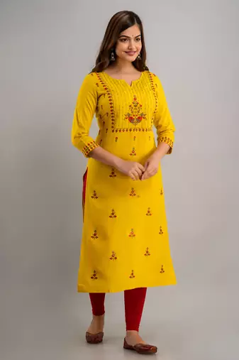 Nishabd women rayon embroidery straight 3/4 sleeves round neck calf kurta