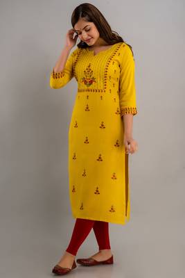 Nishabd women rayon embroidery straight 3/4 sleeves round neck calf kurta 3