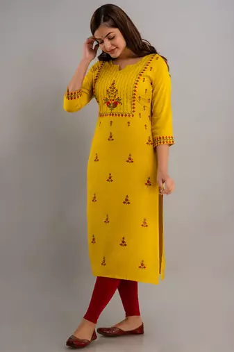 Nishabd women rayon embroidery straight 3/4 sleeves round neck calf kurta
