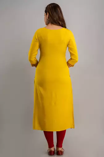 Nishabd women rayon embroidery straight 3/4 sleeves round neck calf kurta