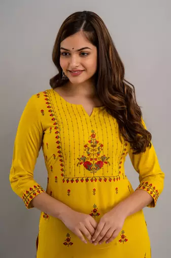Nishabd women rayon embroidery straight 3/4 sleeves round neck calf kurta