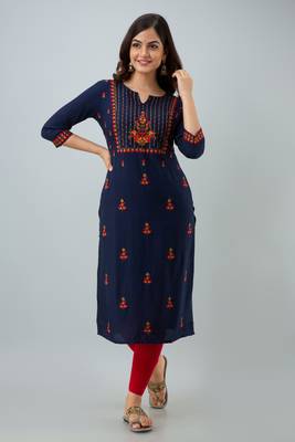 Nishabd women rayon embroidery straight 3/4 sleeves round neck calf kurta 1