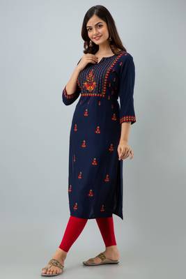 Nishabd women rayon embroidery straight 3/4 sleeves round neck calf kurta 2