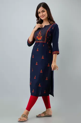 Nishabd women rayon embroidery straight 3/4 sleeves round neck calf kurta