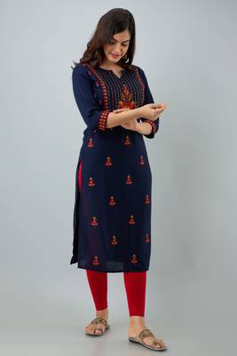 Nishabd women rayon embroidery straight 3/4 sleeves round neck calf kurta 3