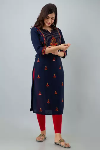 Nishabd women rayon embroidery straight 3/4 sleeves round neck calf kurta