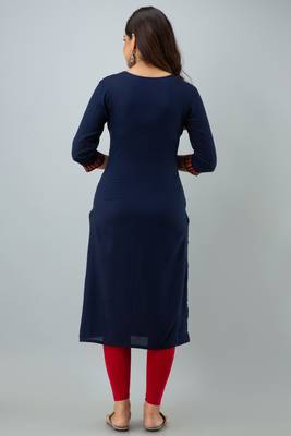 Nishabd women rayon embroidery straight 3/4 sleeves round neck calf kurta 4