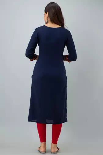 Nishabd women rayon embroidery straight 3/4 sleeves round neck calf kurta
