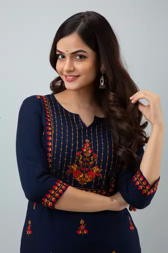 Nishabd women rayon embroidery straight 3/4 sleeves round neck calf kurta