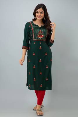 Nishabd women rayon embroidery straight 3/4 sleeves round neck calf kurta 1