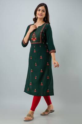Nishabd women rayon embroidery straight 3/4 sleeves round neck calf kurta 2