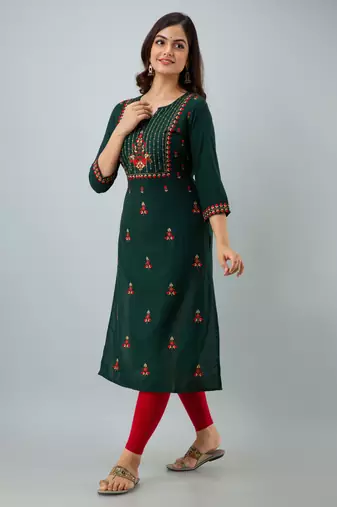 Nishabd women rayon embroidery straight 3/4 sleeves round neck calf kurta