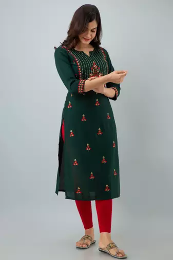 Nishabd women rayon embroidery straight 3/4 sleeves round neck calf kurta