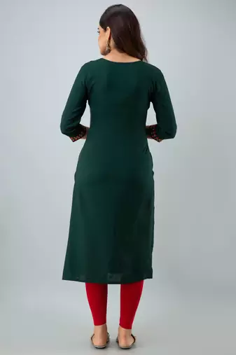 Nishabd women rayon embroidery straight 3/4 sleeves round neck calf kurta
