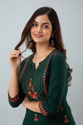 Nishabd women rayon embroidery straight 3/4 sleeves round neck calf kurta 5